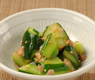 Gently smashed cucumbers tossed in Shuto